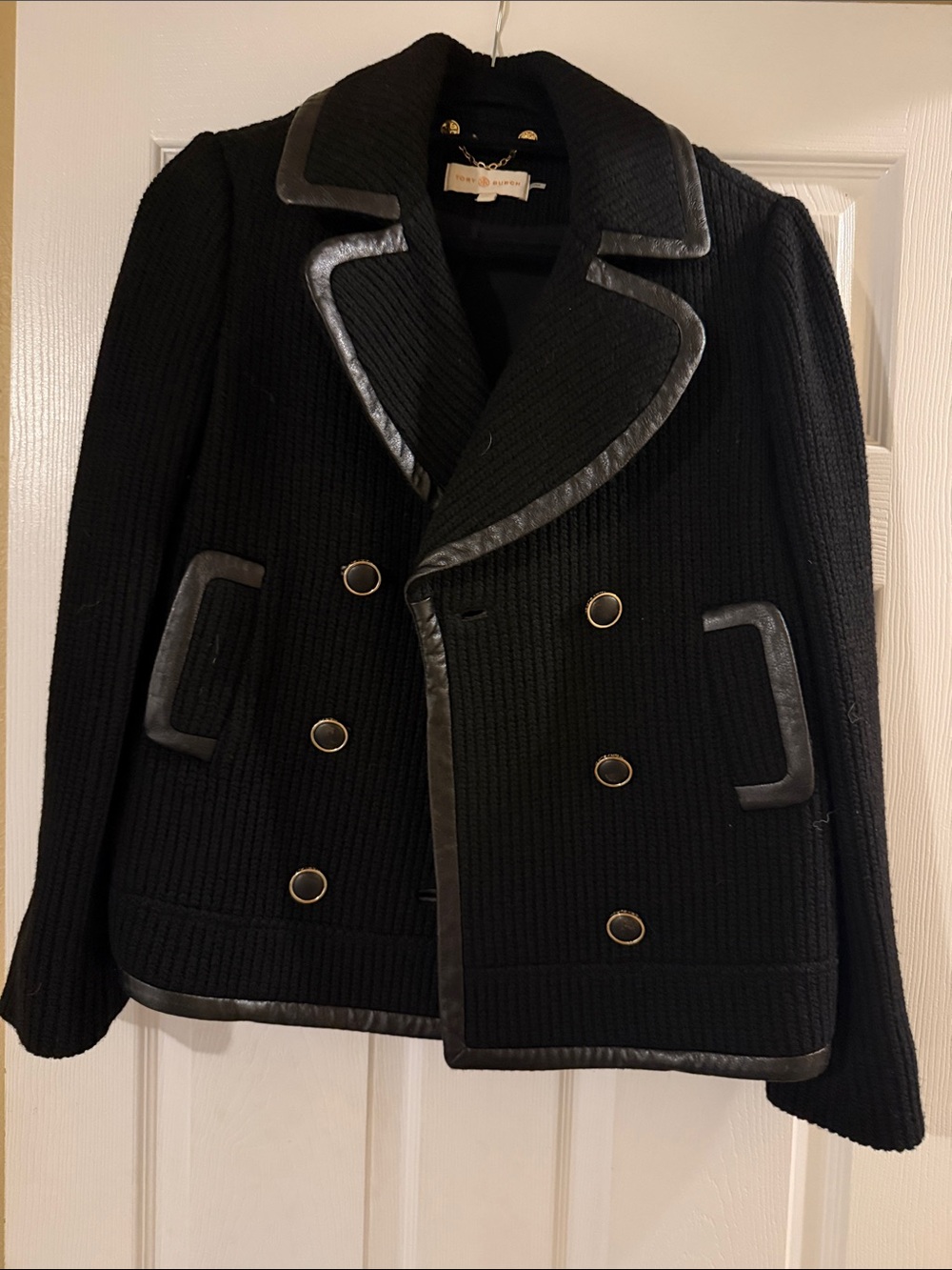 Tory Burch Black Double-Breasted Peacoat with Leather Trim